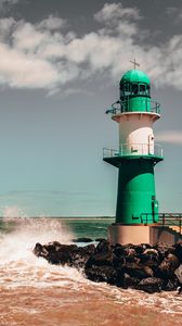 Preview wallpaper lighthouse, building, sea, rocks, surf