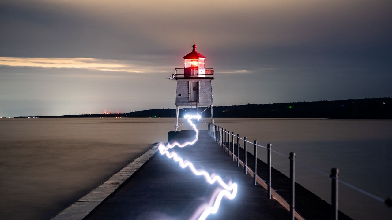 Wallpaper lighthouse, building, sea, neon, glow