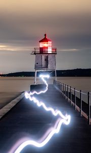 Preview wallpaper lighthouse, building, sea, neon, glow