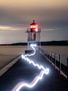 Preview wallpaper lighthouse, building, sea, neon, glow
