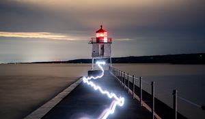 Preview wallpaper lighthouse, building, sea, neon, glow