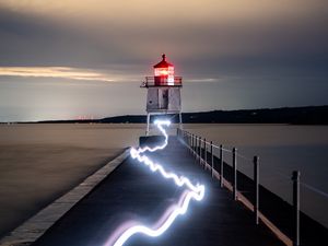 Preview wallpaper lighthouse, building, sea, neon, glow