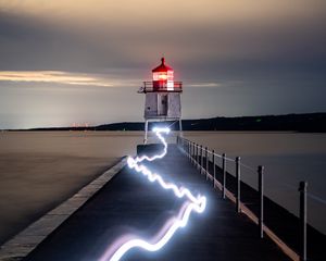 Preview wallpaper lighthouse, building, sea, neon, glow