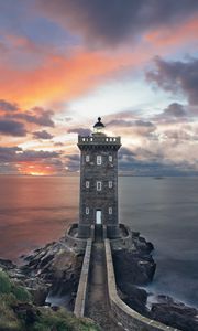 Preview wallpaper lighthouse, building, sea, shore, sunset