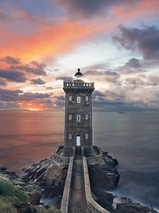 Preview wallpaper lighthouse, building, sea, shore, sunset