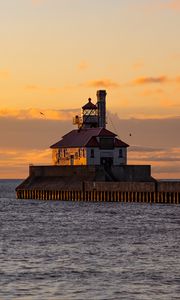 Preview wallpaper lighthouse, building, sea, sunset, waves