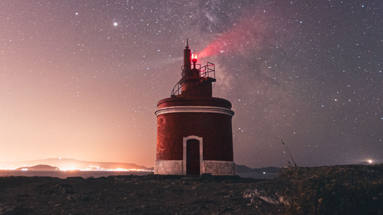 Wallpaper lighthouse, building, starry sky, stars, night
