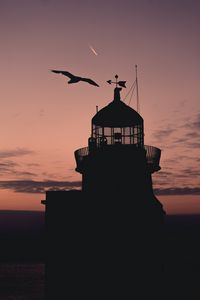 Preview wallpaper lighthouse, building, sunset, bird, silhouette