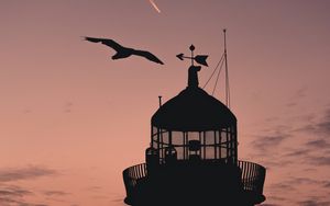 Preview wallpaper lighthouse, building, sunset, bird, silhouette