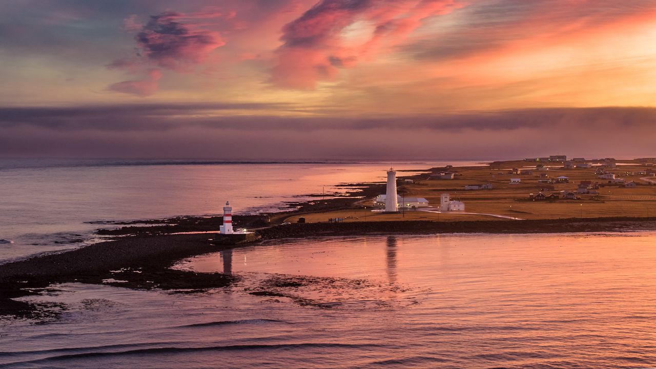 Wallpaper lighthouse, buildings, island, sea, evening
