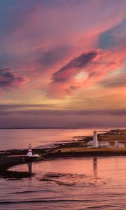 Preview wallpaper lighthouse, buildings, island, sea, evening