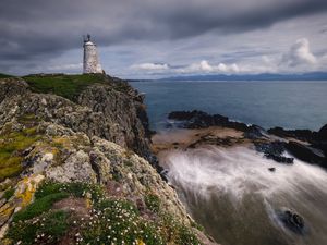 Preview wallpaper lighthouse, cliff, rock, shore, sea