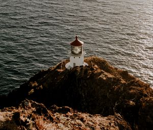 Preview wallpaper lighthouse, cliff, sea, aerial view, building