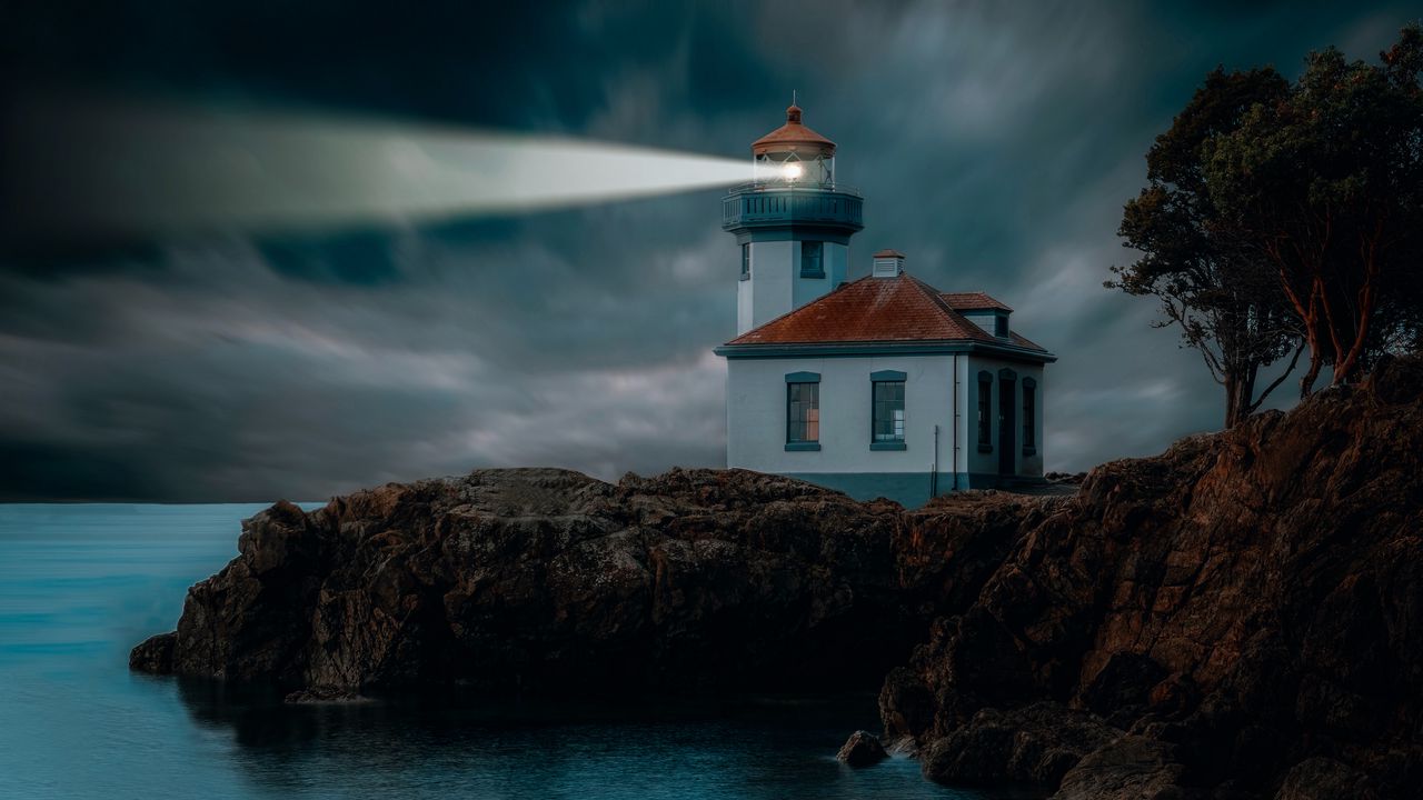 Wallpaper lighthouse, coast, glow, rocks, night