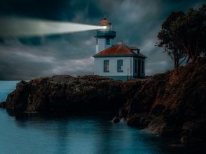 Preview wallpaper lighthouse, coast, glow, rocks, night