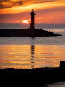 Preview wallpaper lighthouse, coast, island, sea, sunset, dark