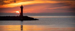 Preview wallpaper lighthouse, coast, island, sea, sunset, dark