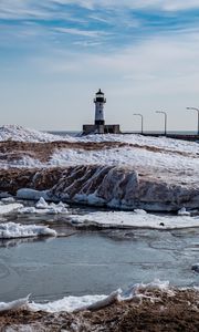 Preview wallpaper lighthouse, coast, river, ice, snow
