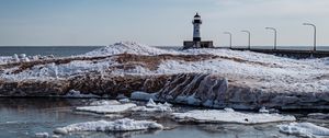 Preview wallpaper lighthouse, coast, river, ice, snow