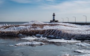 Preview wallpaper lighthouse, coast, river, ice, snow