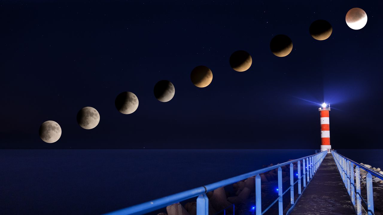Wallpaper lighthouse, eclipse, moon, night, pier