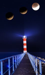 Preview wallpaper lighthouse, eclipse, moon, night, pier