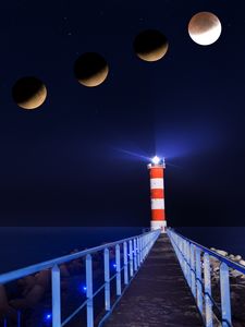 Preview wallpaper lighthouse, eclipse, moon, night, pier