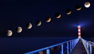 Preview wallpaper lighthouse, eclipse, moon, night, pier