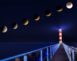 Preview wallpaper lighthouse, eclipse, moon, night, pier