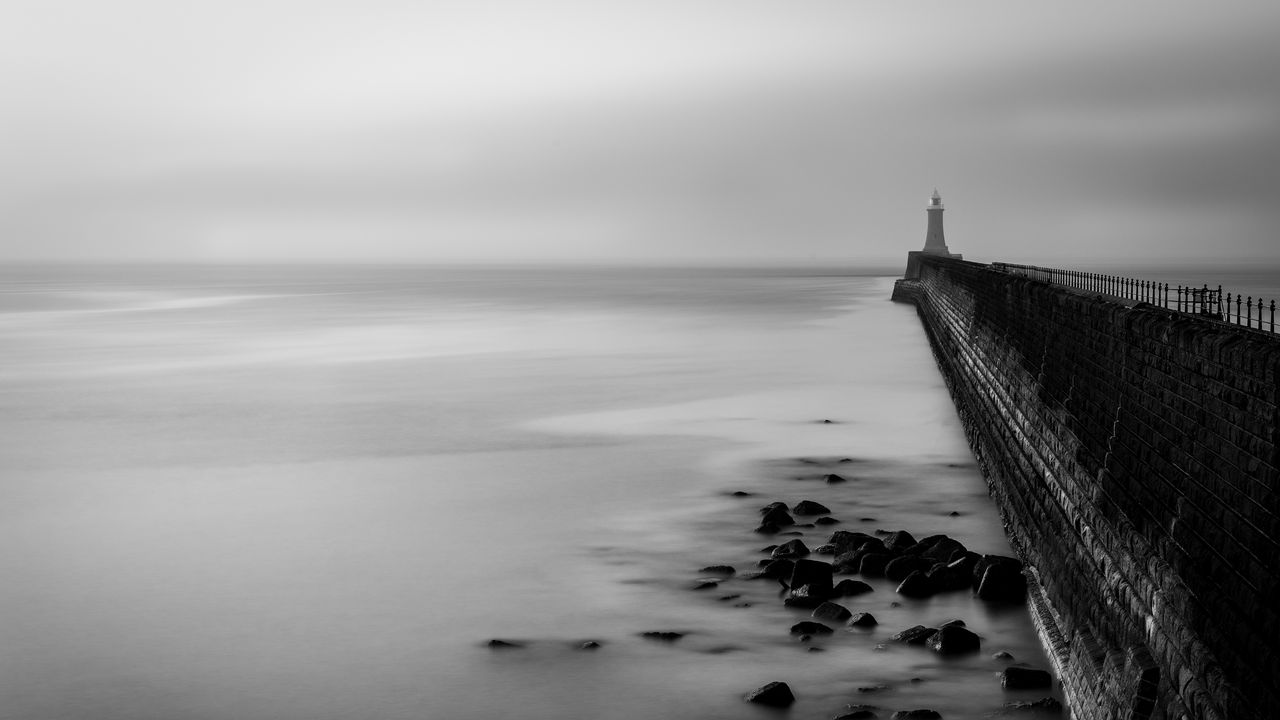 Wallpaper lighthouse, gloomy, stones, bw