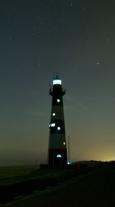 Preview wallpaper lighthouse, glow, night, starry sky, fog