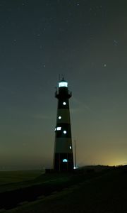 Preview wallpaper lighthouse, glow, night, starry sky, fog