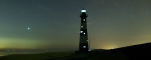 Preview wallpaper lighthouse, glow, night, starry sky, fog