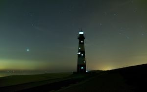 Preview wallpaper lighthouse, glow, night, starry sky, fog