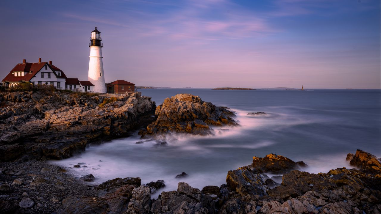 Wallpaper lighthouse, house, rock, sea, bay