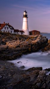 Preview wallpaper lighthouse, house, rock, sea, bay