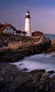 Preview wallpaper lighthouse, house, rock, sea, bay