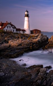 Preview wallpaper lighthouse, house, rock, sea, bay