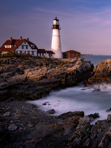 Preview wallpaper lighthouse, house, rock, sea, bay