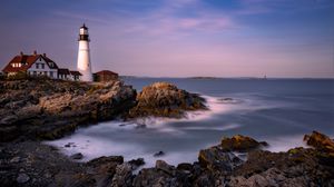 Preview wallpaper lighthouse, house, rock, sea, bay