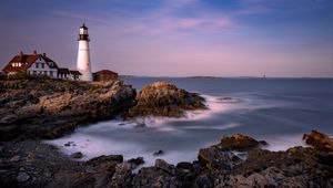 Preview wallpaper lighthouse, house, rock, sea, bay