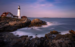 Preview wallpaper lighthouse, house, rock, sea, bay