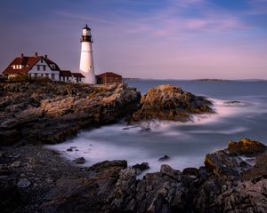 Preview wallpaper lighthouse, house, rock, sea, bay