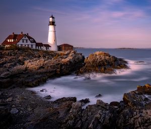 Preview wallpaper lighthouse, house, rock, sea, bay