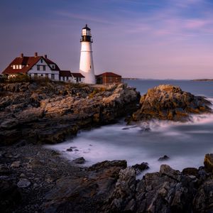 Preview wallpaper lighthouse, house, rock, sea, bay