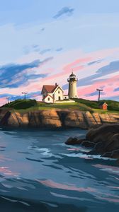 Preview wallpaper lighthouse, house, rocks, art