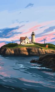 Preview wallpaper lighthouse, house, rocks, art