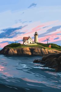 Preview wallpaper lighthouse, house, rocks, art