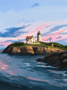 Preview wallpaper lighthouse, house, rocks, art