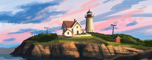 Preview wallpaper lighthouse, house, rocks, art